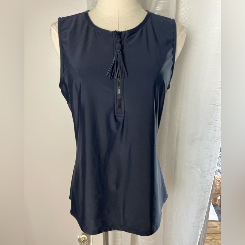Cabana Life Black Sleeveless Swim Top Quarter Zip Tassels Size Medium UPF 50